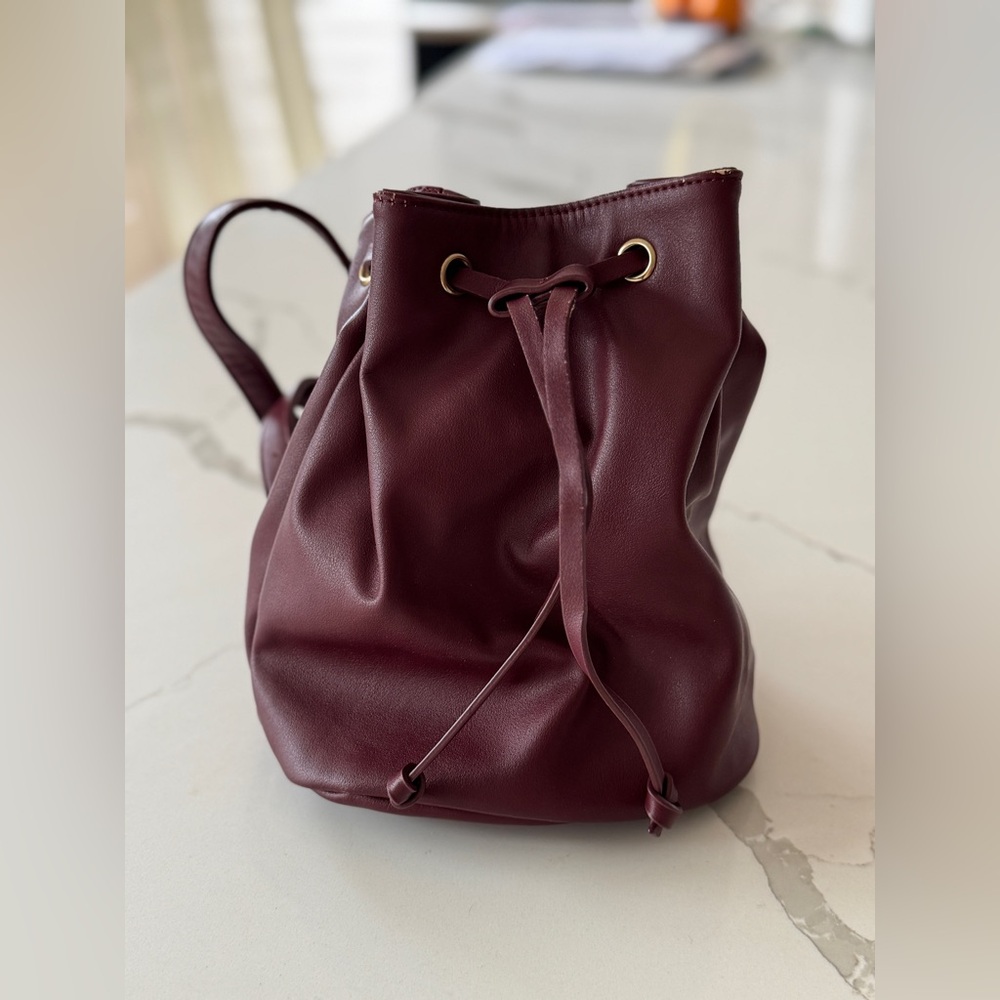 Elegant Burgundy Leather Drawstring Bag
